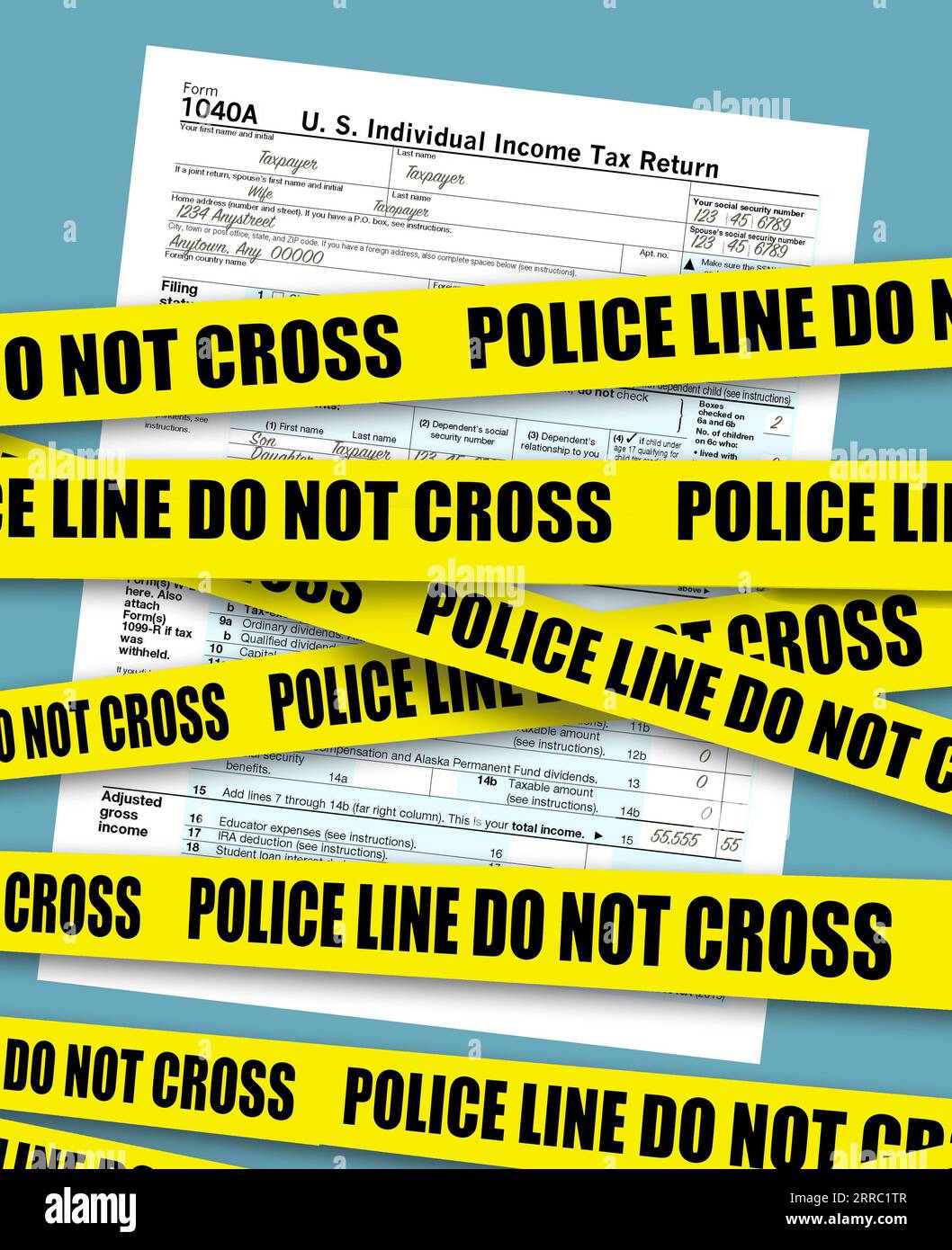 A USA federal tax form 1040 is seen behind police crime scene