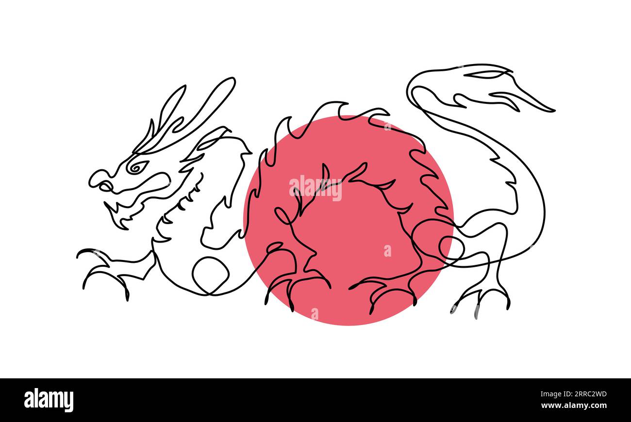 Japanese dragon vector illustration with red circle. One continuous line art drawing of dragon Stock Vector