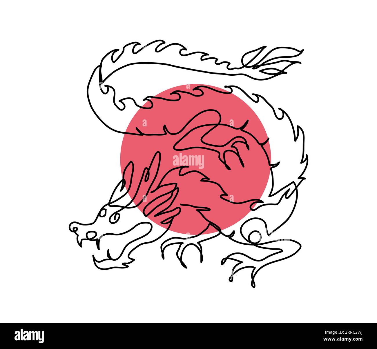 Japanese dragon vector illustration with red circle. One continuous line art drawing of dragon Stock Vector