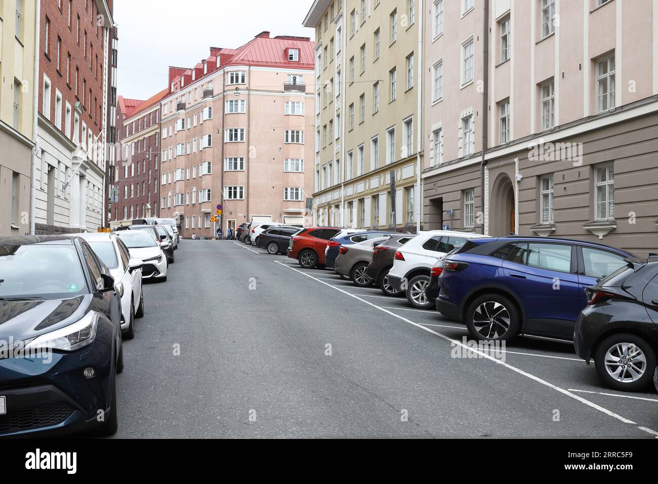 Helsinki, Finland - September 5, Dagmarinkatu street view with parked cars in a residential area. Stock Photo