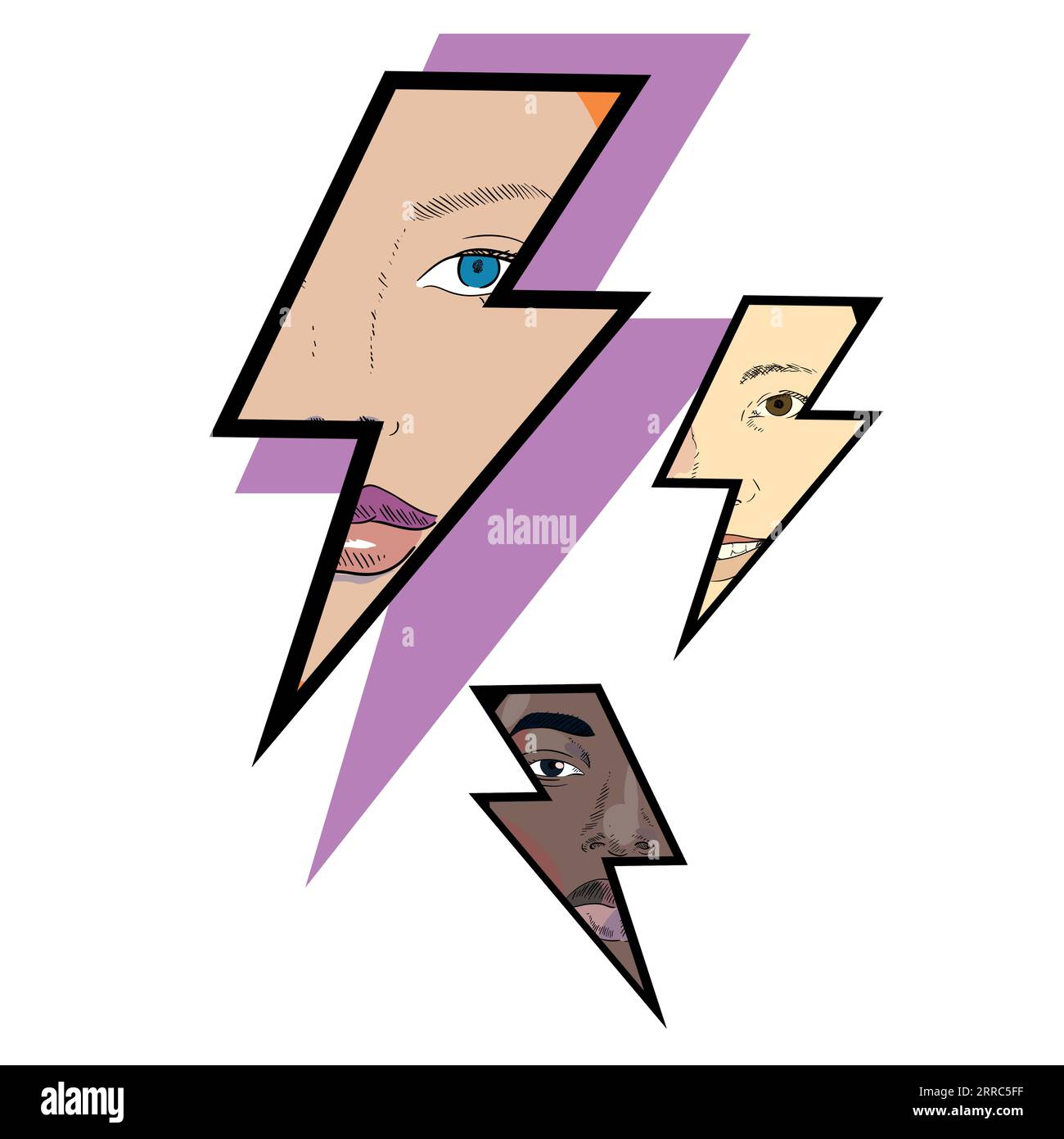 Design for thunderbolt symbols t-shirt with faces of women of different races. Vector illustration about feminist struggles and tolerance. Stock Vector