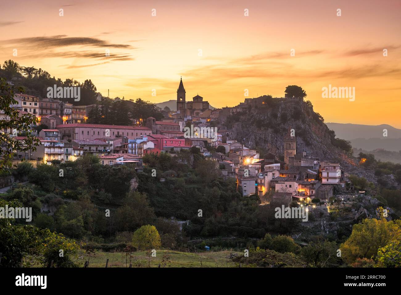 Novara di Sicilia, Italy village skyline on the island of Sicily at dusk. Stock Photo