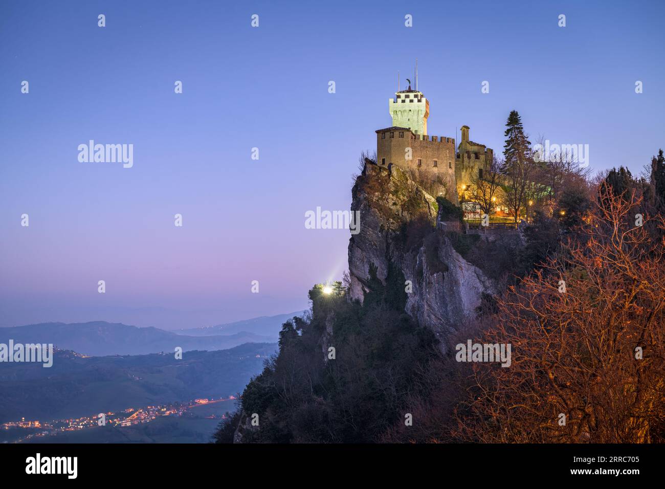 The Republic of San Marino with the second tower at dawn. Stock Photo