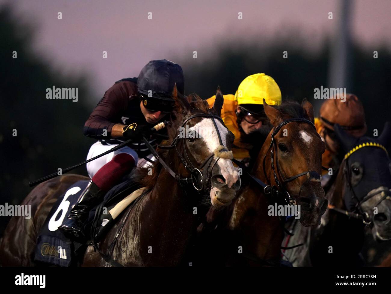 Painters Palette ridden by Frederick Larson (left) passes Carolus Magnus ridden by Josephine Gordon on their way to winning the William Hill Extra Place Races Daily Racing League Race 33 Handicap at Wolverhampton Racecourse. Picture date: Thursday September 7, 2023. Stock Photo