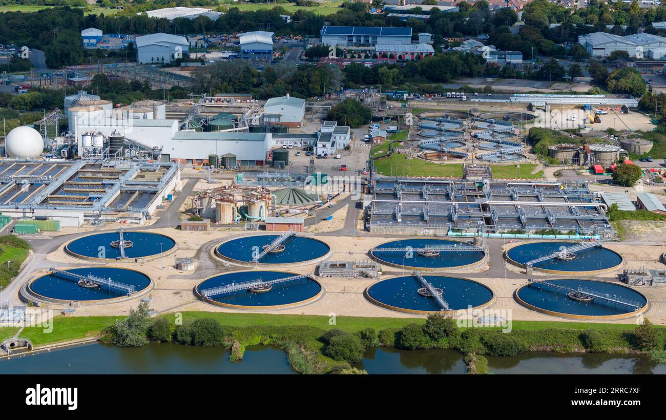Aerial view Budds Farm Wastewater Treatment Works in Havant Hampshire. The site treats waste water from the Portsmouth Havant and Waterlooville area. Stock Photo