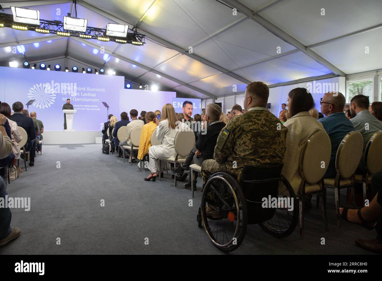 Kyiv, Ukraine. 06th Sep, 2023. Ukrainian President Volodymyr Zelenskyy delivers remarks to the third Kyiv Summit of First Ladies and Gentlemen, September 6, 2023 in Kyiv, Ukraine. Credit: Ukraine Presidency/Ukrainian Presidential Press Office/Alamy Live News Stock Photo