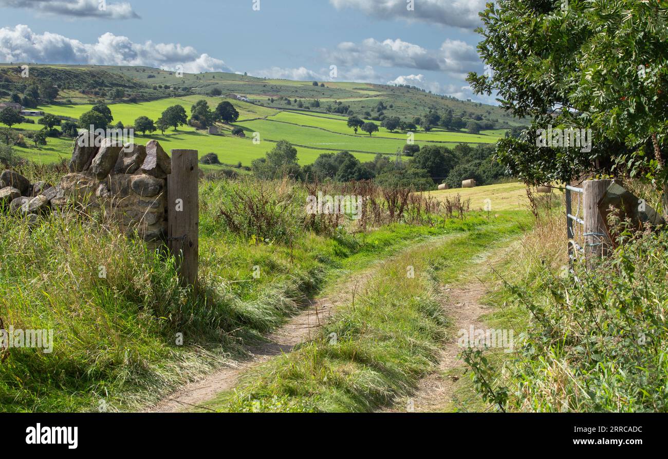 An open gateway leading to a field of hay bales in Baildon, Yorkshire. The sloping landscape of Baildon Moor can be seen in the distance. Stock Photo