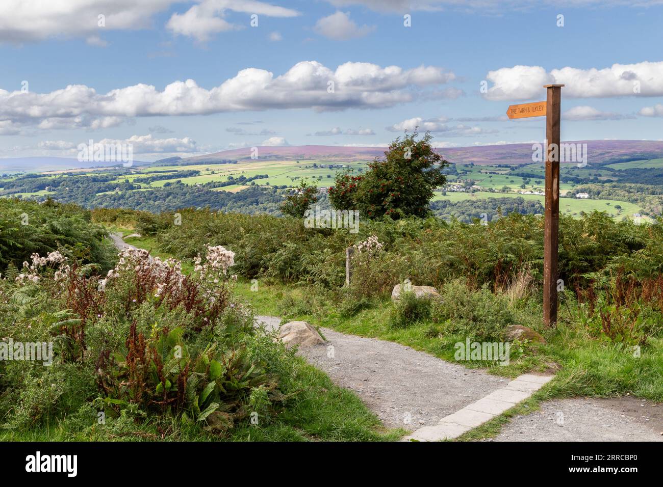 A footpath sign showing the path leading from the Cow and Calf Rocks on Ilkley Moor to the town centre. Stock Photo