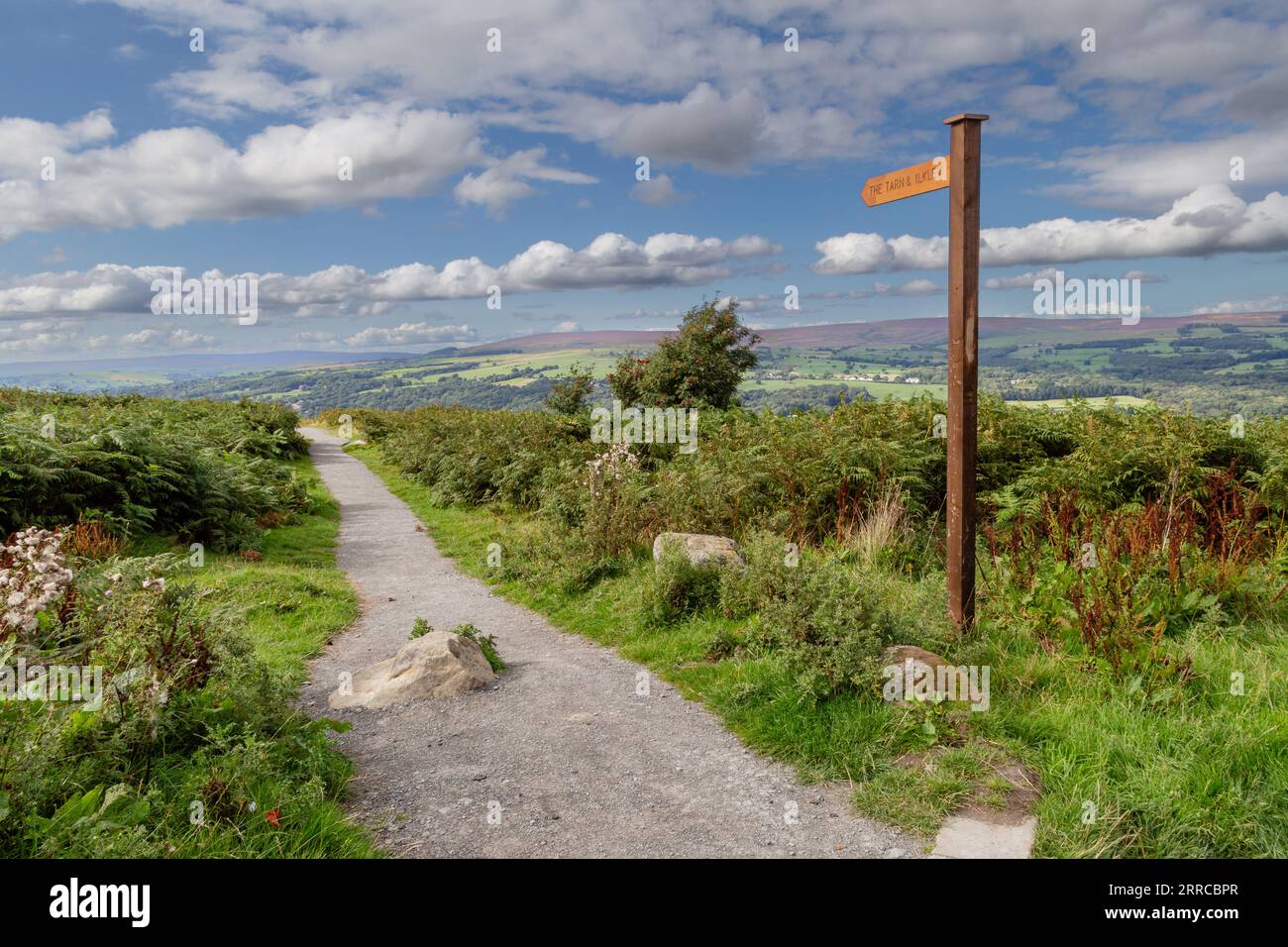 A footpath sign showing the path leading from the Cow and Calf Rocks on Ilkley Moor to the town centre. Stock Photo