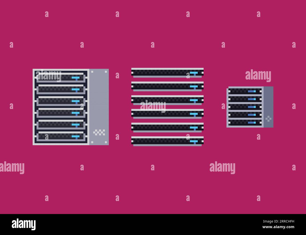 Pixel art vector illustration of grey server rack cabinet, server blade icon set. Cloud computing technology object on dark background Stock Vector