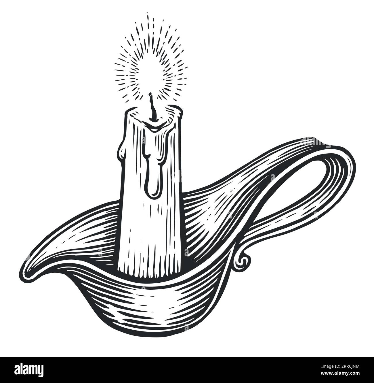 Burning candle in a bowl. Candlestick in old engraving style. Vintage sketch vector illustration