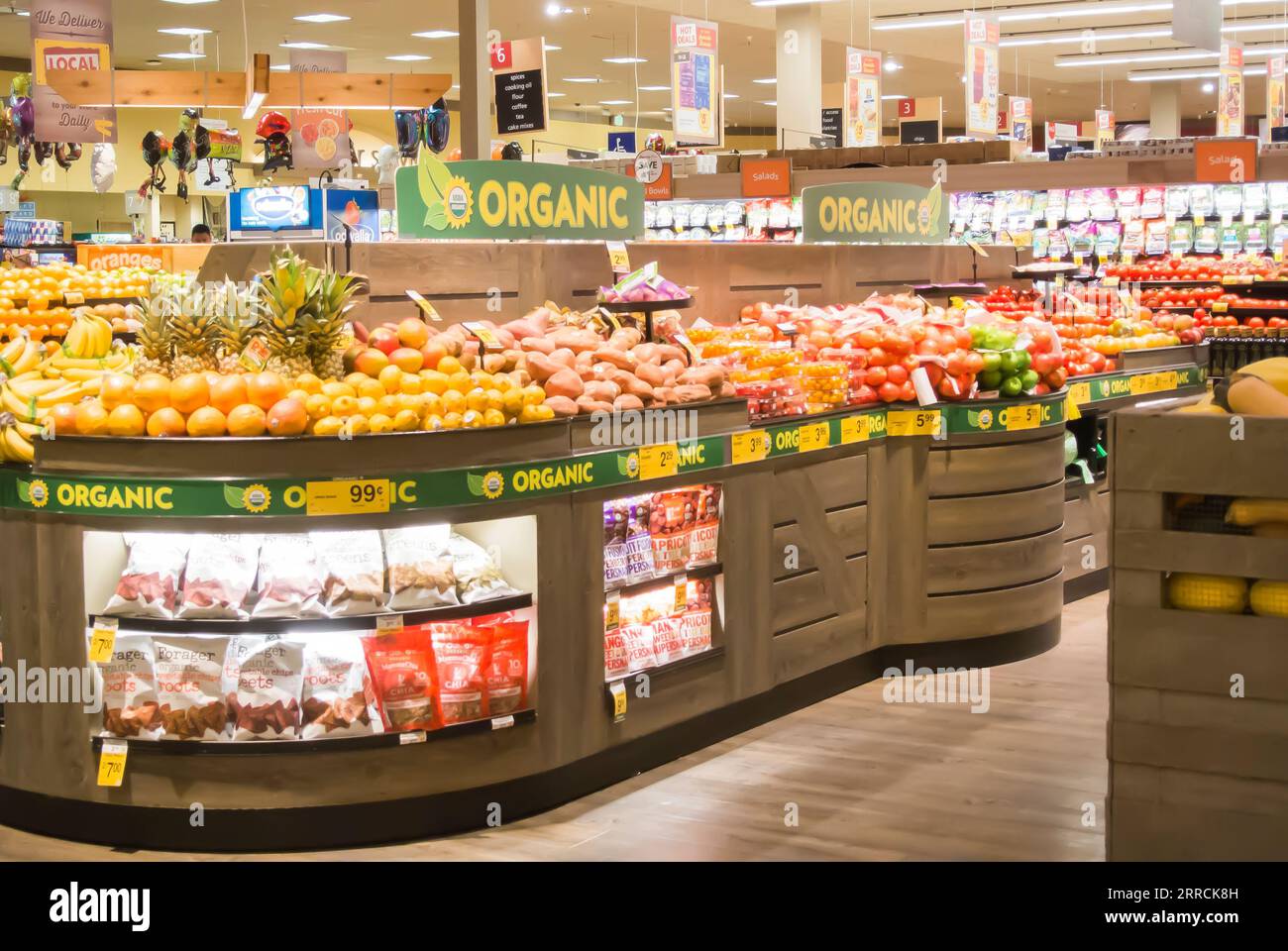 View of Food Aisles in American Supermarket Stock Photo
