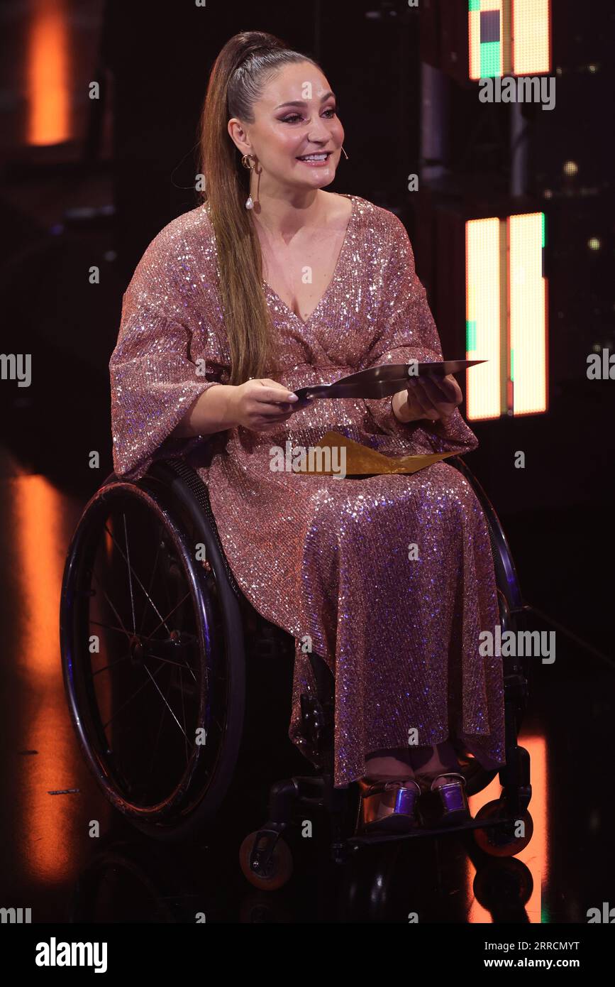 Hamburg, Germany. 07th Sep, 2023. During the German Radio Award 2023 ceremony, laudator Kristina Vogel speaks on stage about the award winners in the category 'Best Program Action' for 'Wir haben Depressionen'. Credit: Christian Charisius/dpa/Alamy Live News Stock Photo
