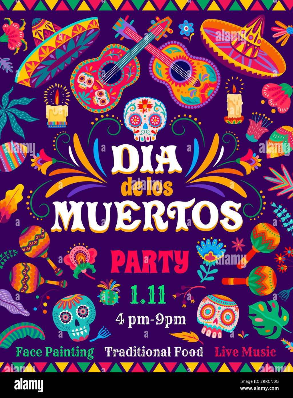 Day of the Dead Dia De Los Muertos mexican holiday party flyer, vector ...
