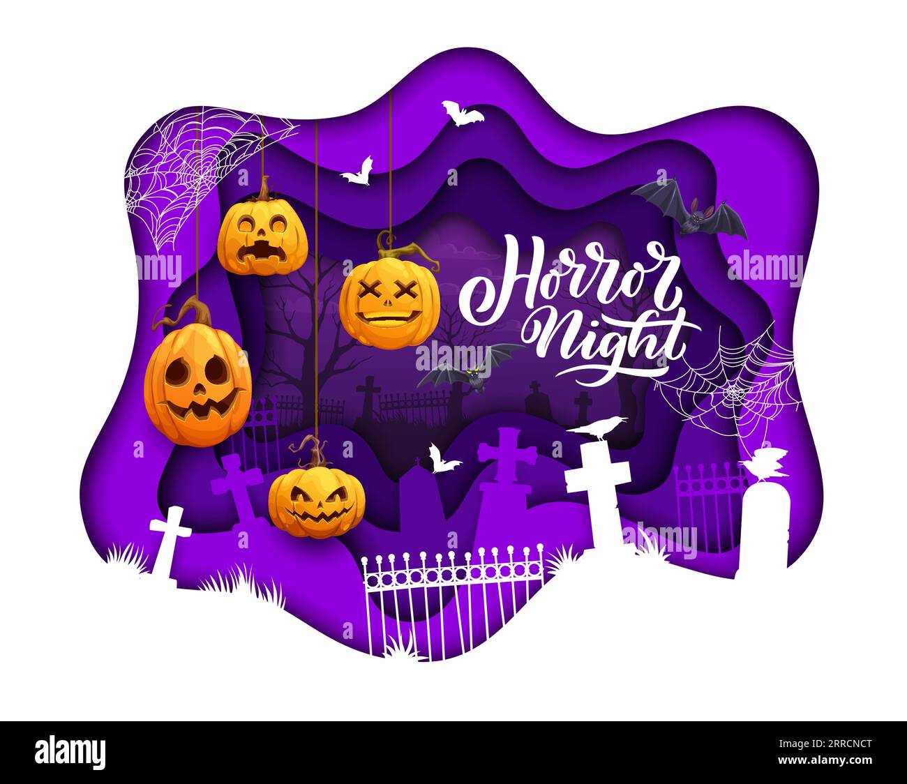 Halloween paper cut banner with hanging pumpkins and flying bats on ...