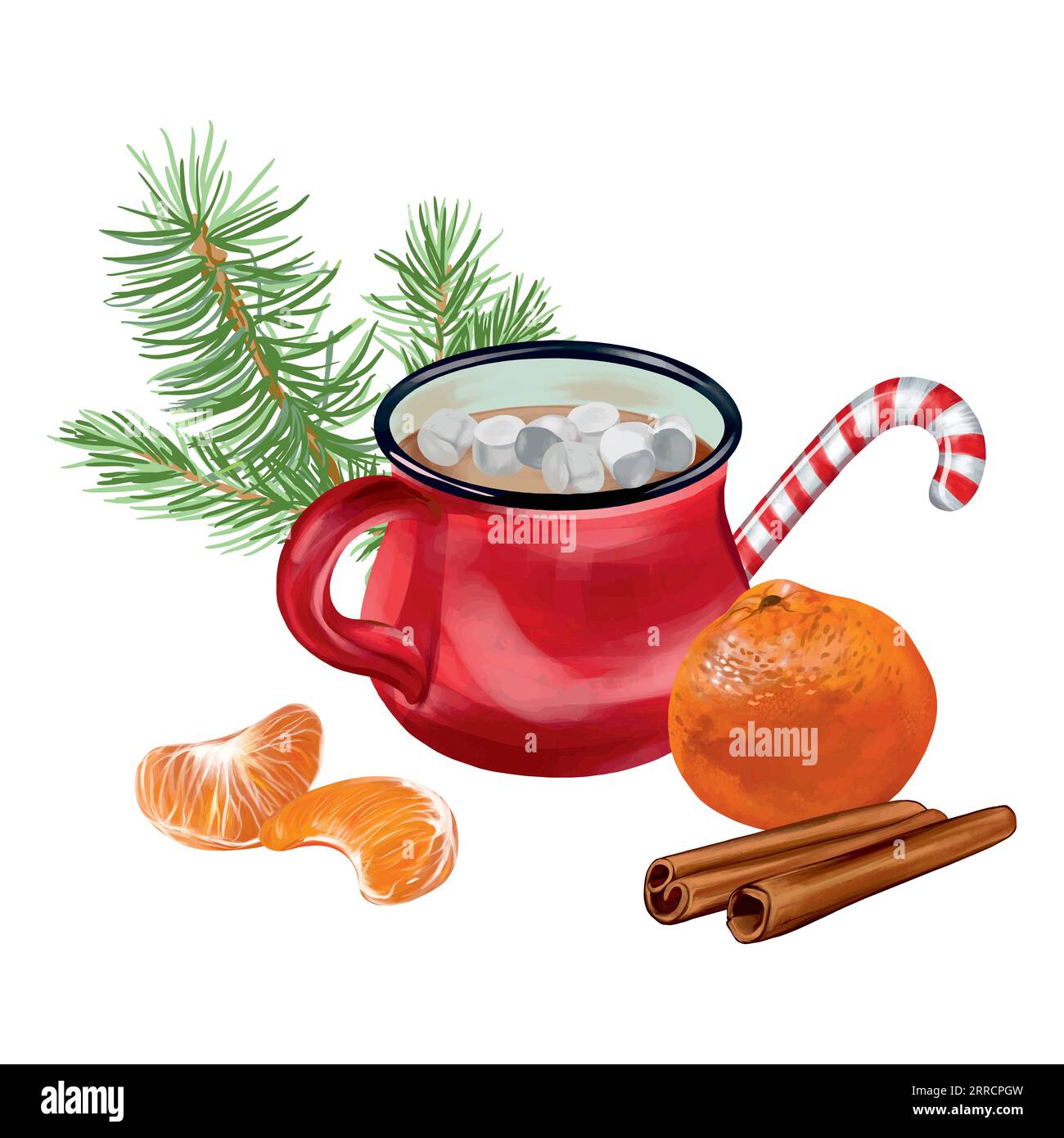 Hot drink in a red mug with marshmallows, tangerines, cinnamon. Vector illustration for New Year composition. Greeting cards, invitations, banners. Stock Vector