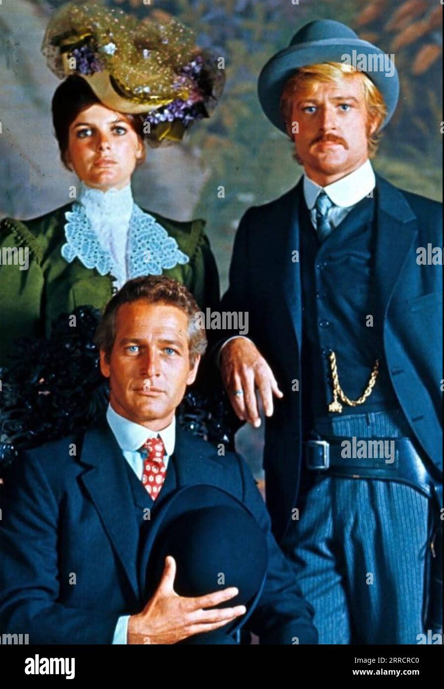 BUTCH CASSIDY AND THE SUNDANCE KID 1969 20th Century Fox film with Paul Newman (seated) as Butch, Robert Redford as Sundance and  and Katherine Ross as Etta Place Stock Photo