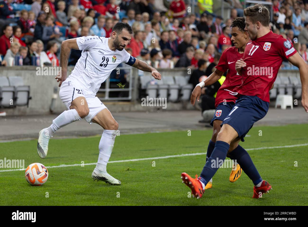 Oslo, Norway 07 September 2023 Ihsan Haddad of Jordan keeps possession of  the ball during the international friendly football match between Norway  and Jordan held at the Ullevaal Stadion in Oslo, Norway