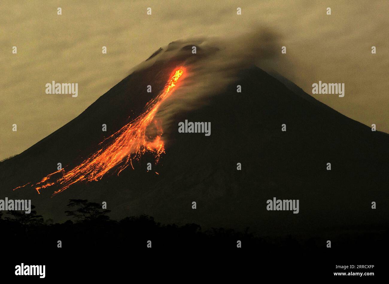 211121 -- YOGYAKARTA, Nov. 21, 2021 -- Photo taken on Nov. 21, 2021 shows volcanic materials and white smoke spewing from Mount Merapi as seen from Tunggul Arum village in Sleman district, Yogyakarta, Indonesia. Photo by /Xinhua INDONESIA-YOGYAKARTA-MOUNT MERAPI-ERUPTION Supriyanto PUBLICATIONxNOTxINxCHN Stock Photo