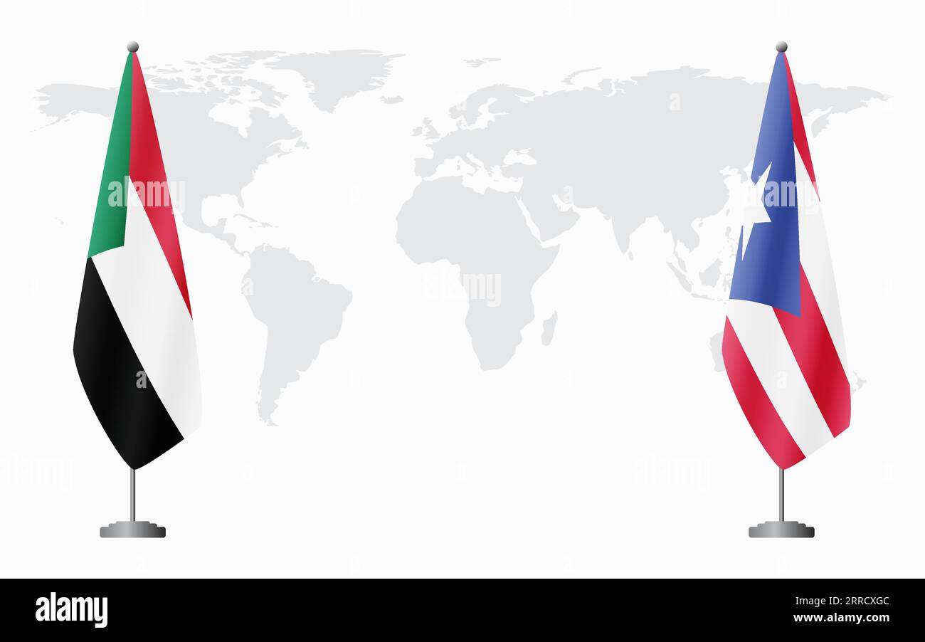Sudan and Puerto Rico flags for official meeting against background of world map. Stock Vector