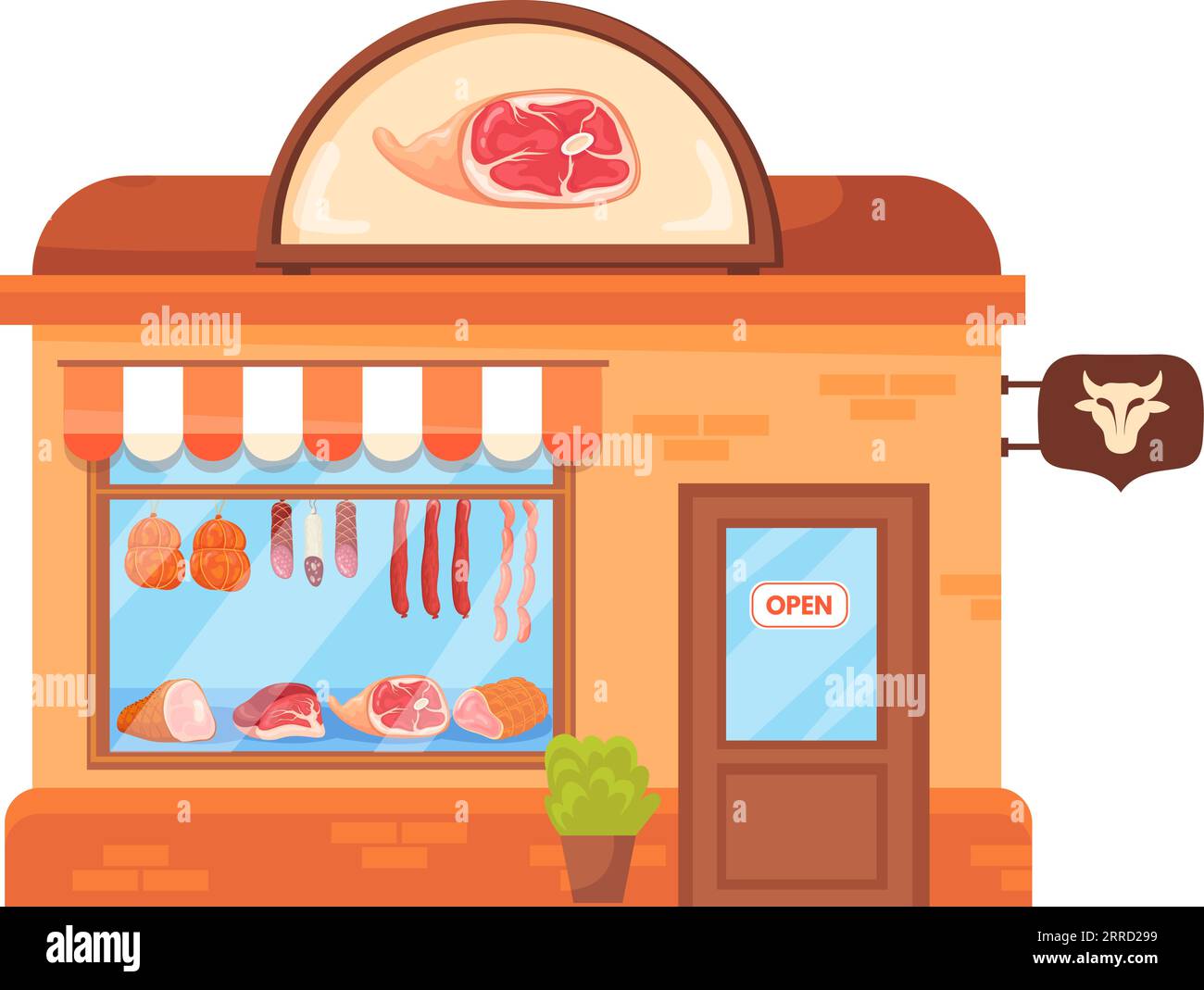 Butcher shop cartoon facade. Meat food store isolated on white background Stock Vector