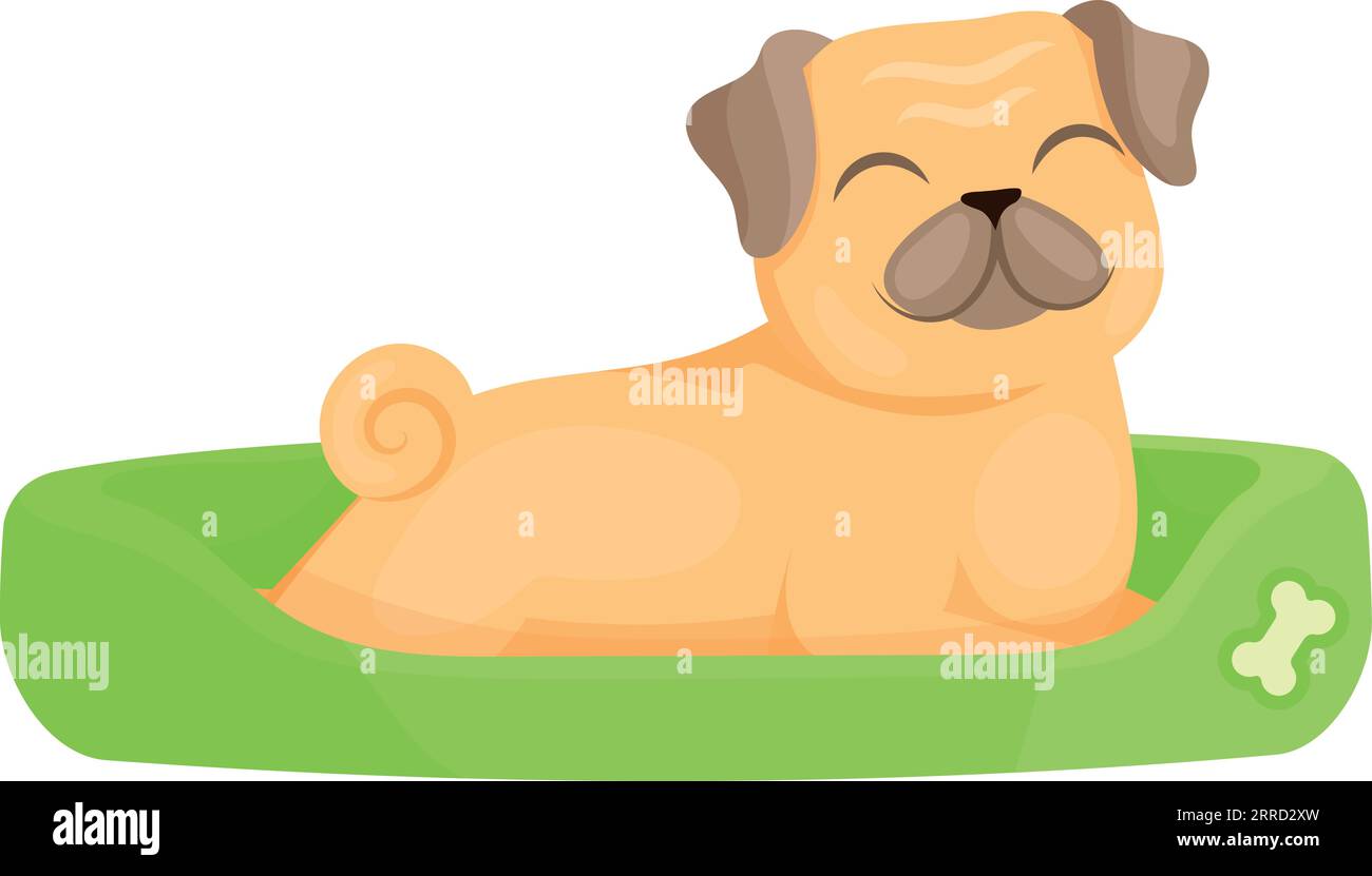 Happy puppy laying on dog bed. Cartoon pet isolated on white background