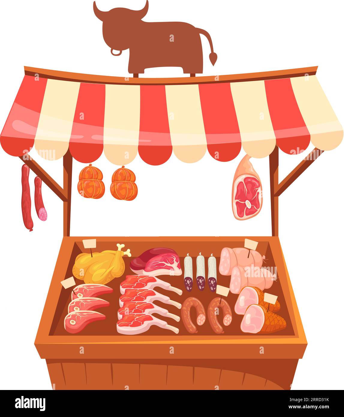 Food market butcher stand. Meat display case isolated on white background Stock Vector
