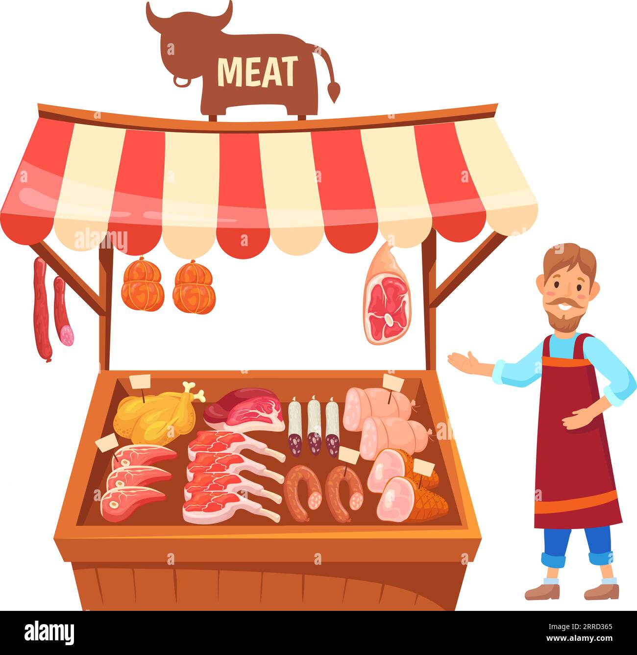 Meat market stand. Cartoon butcher store counter isolated on white
