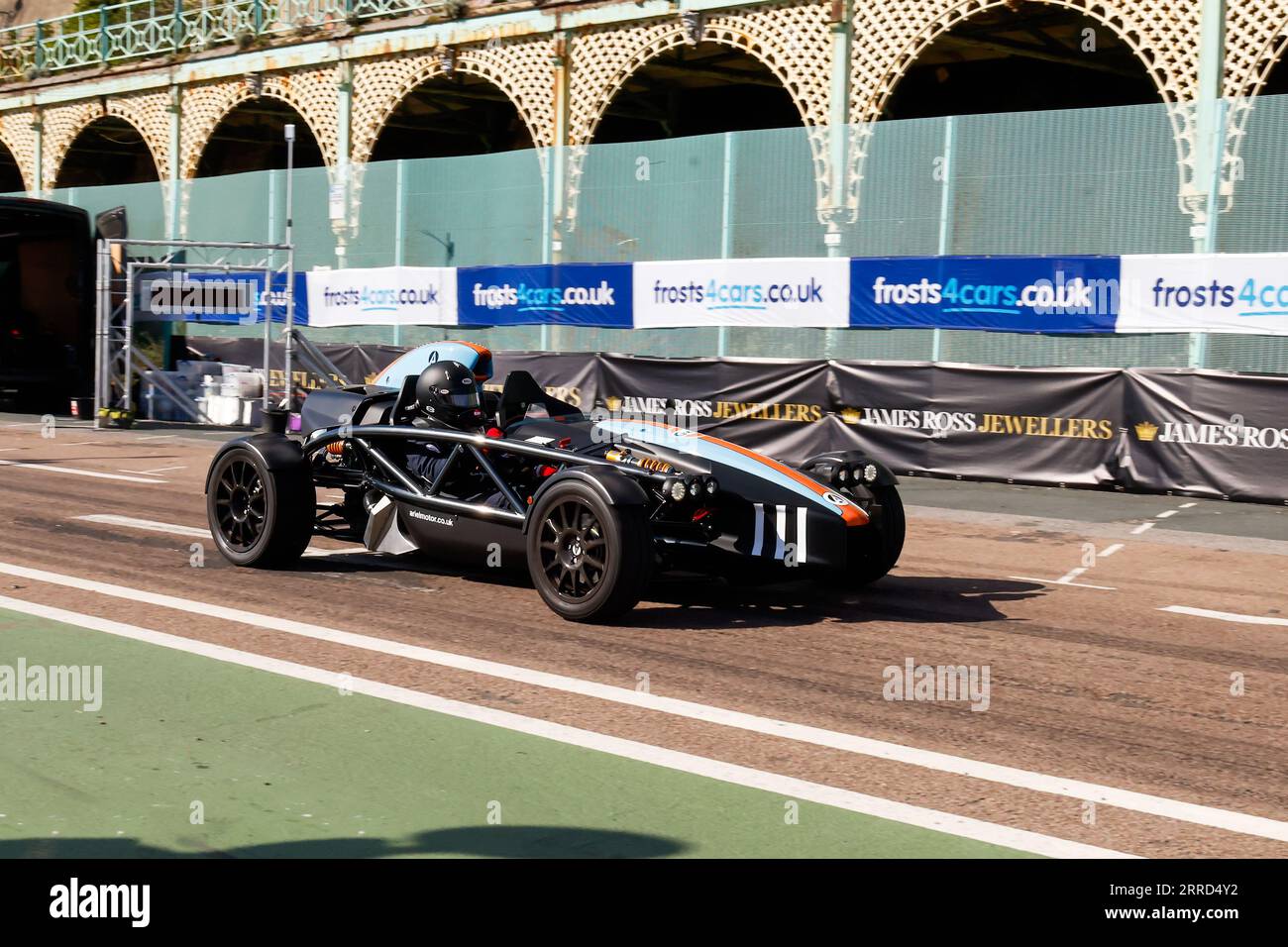 Madeira Drive, Brighton, City of Brighton & Hove, East Sussex UK. The Frosts Brighton Speed Trials is an exhilarating, action-packed day for spectators and participants alike. Over one hundred cars line up to take a timed run down Madeira Drive.  Numerous categories including road cars & race cars compete to win the fastest in their class along a quarter mile straight. This image features Chris Lees driving an Ariel Atom 4. 2nd September 2023 Stock Photo