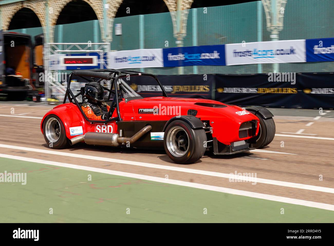 Madeira Drive, Brighton, City of Brighton & Hove, East Sussex UK.The Frosts Brighton Speed Trials is an exhilarating, action-packed day for spectators and participants alike. Over one hundred cars line up to take a timed run down Madeira Drive.  Numerous categories including road cars & race cars compete to win the fastest in their class along a quarter mile straight. This image features Ben Bowdidge driving a Caterham Super sprint 2nd September 2023 Stock Photo