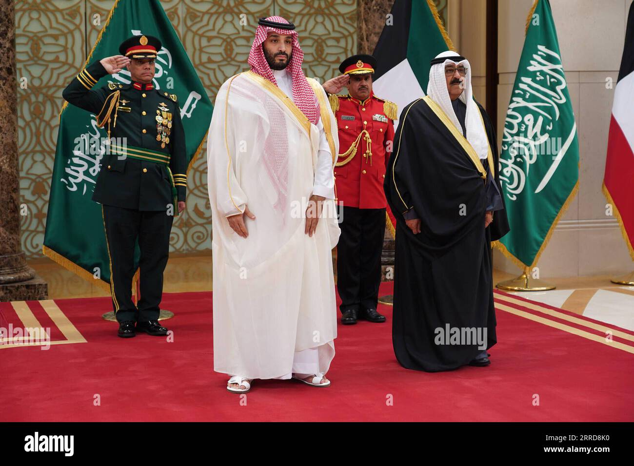 211210 -- FARWANIYA GOVERNORATE, Dec. 10, 2021  -- Kuwaiti Crown Prince Sheikh Mishal Al-Ahmad Al-Jaber Al-Sabah R, Front welcomes Saudi Arabia s Crown Prince Mohammed bin Salman bin Abdulaziz Al Saud L, Front at an airport in Farwaniya Governorate, Kuwait, on Dec. 10, 2021. Kuwaiti Crown Prince Sheikh Mishal Al-Ahmad Al-Jaber Al-Sabah and visiting Saudi Arabia s Crown Prince Mohammed bin Salman bin Abdulaziz Al Saud discussed on Friday ways of strengthening relations and boosting cooperation, the Kuwait News Agency KUNA said.  KUWAIT-FARWANIYA GOVERNORATE-SAUDI CROWN PRINCE-VISIT Xinhua PUBLI Stock Photo