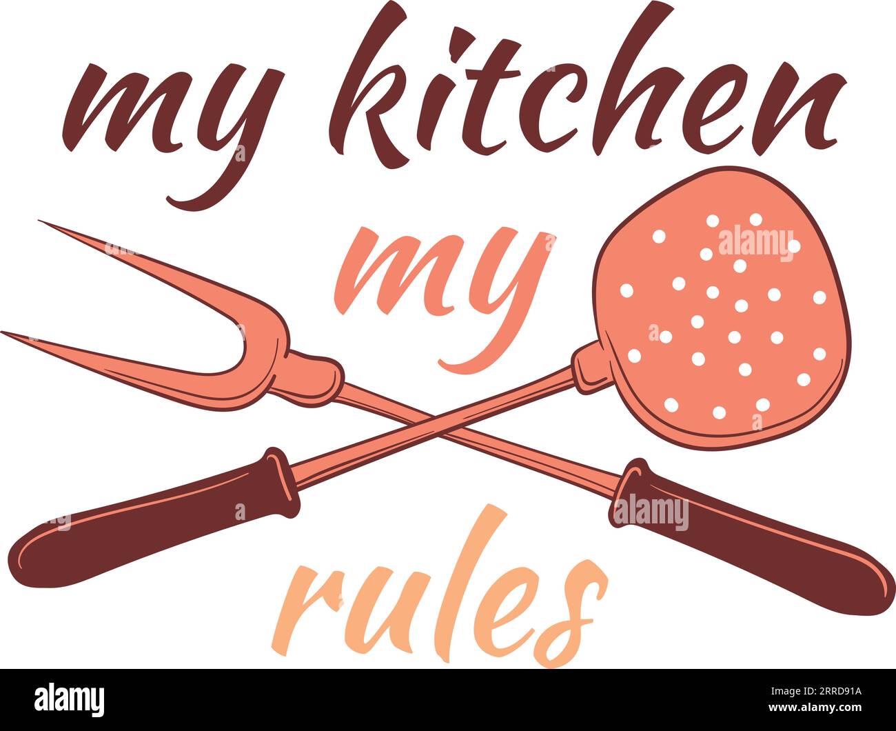 Kitchen rules label. Decorative element with cooking tools isolated on white background Stock