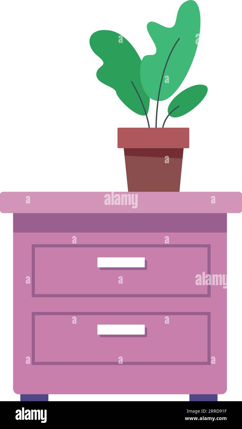 Nightstand icon. Bedroom dresser. Bedside table with houseplant isolated on white background Stock Vector