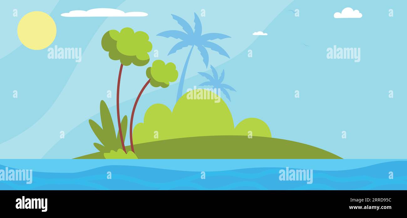 Tropical island background. Cartoon ocean nature landscape isolated on white background Stock Vector