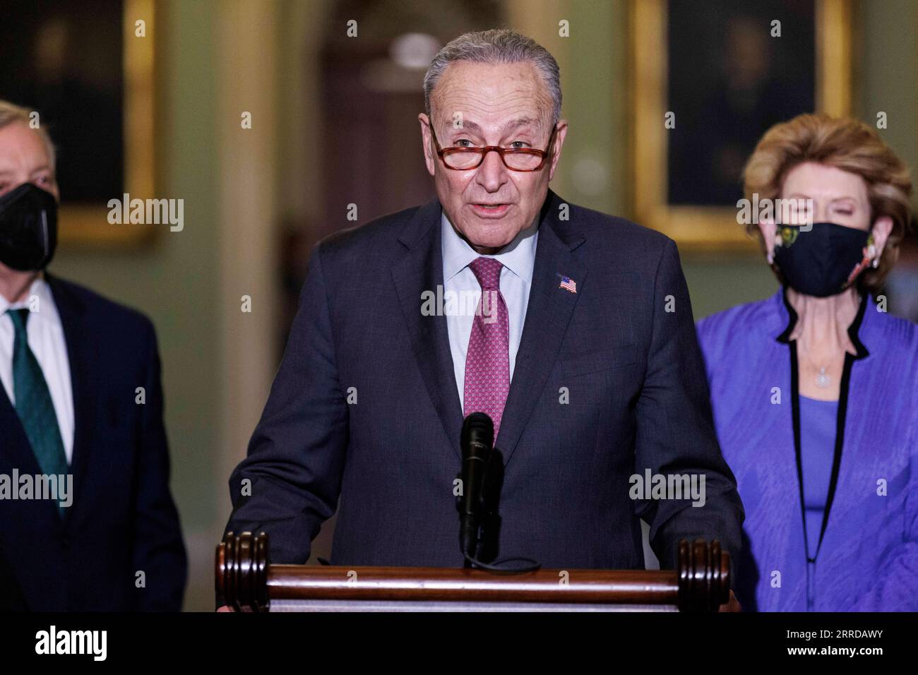 211215 -- WASHINGTON, D.C., Dec. 15, 2021 -- U.S. Senate Majority Leader Chuck Schumer speaks during a press conference on Capitol Hill in Washington, D.C. Dec. 14, 2021. The U.S. Senate on Tuesday approved a measure to lift the nation s borrowing limit by 2.5 trillion U.S. dollars, one day before the deadline set by Treasury Secretary Janet Yellen for lawmakers to take action to prevent a default. Photo by /Xinhua U.S.-WASHINGTON, D.C.-DEBT CEILING TingxShen PUBLICATIONxNOTxINxCHN Stock Photo