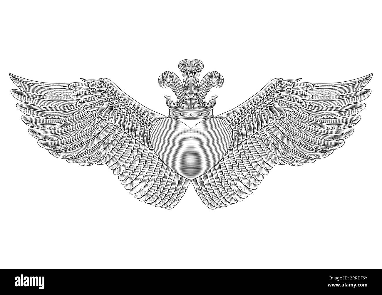 Heart with crown, wings and feather, vintage engraving drawing style