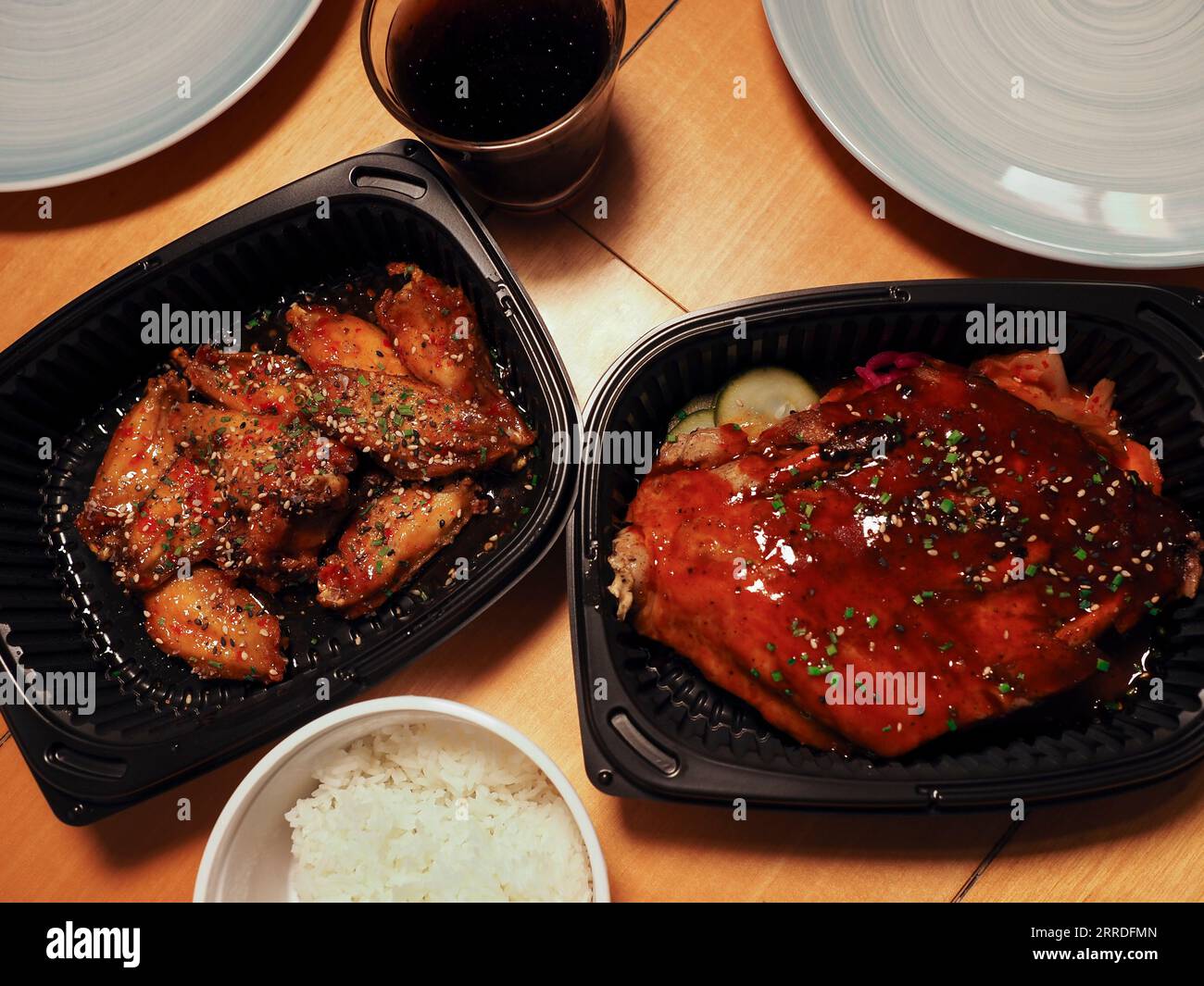 Korean pork ribs with pickles, Fried chicken Wings and rice. Asian