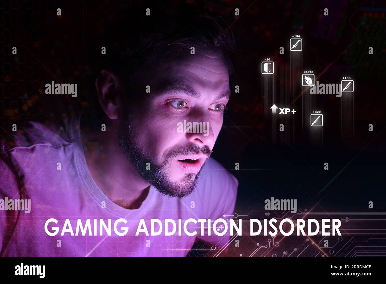 Gaming addiction disorder. Man using computer at night. Game icons and circuit board pattern Stock Photo