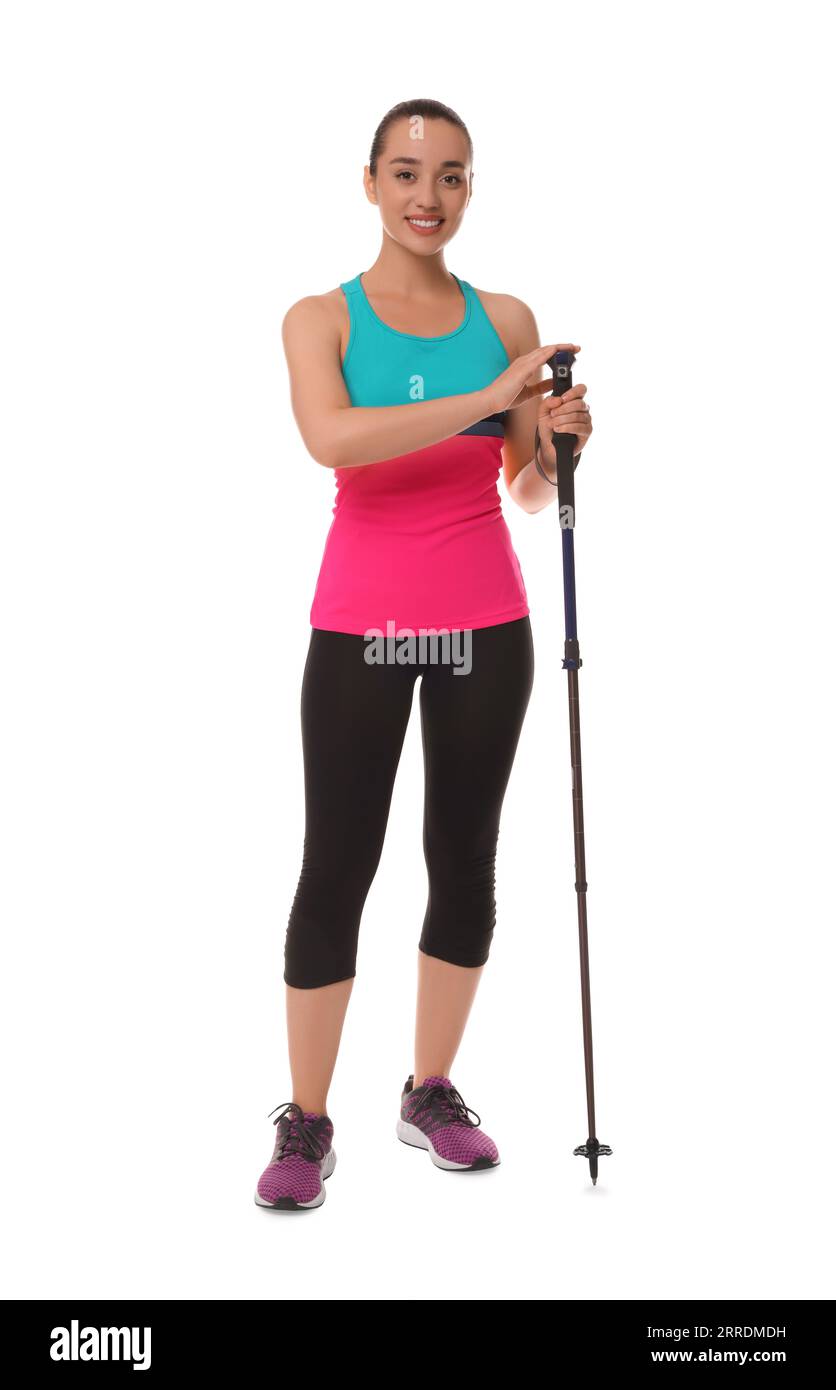 Woman with pole for Nordic walking isolated on white Stock Photo