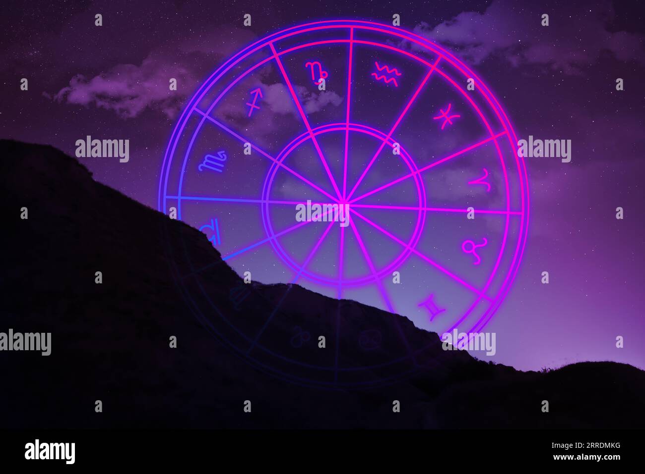 Astrology. Zodiac wheel and mountain under night sky Stock Photo Alamy