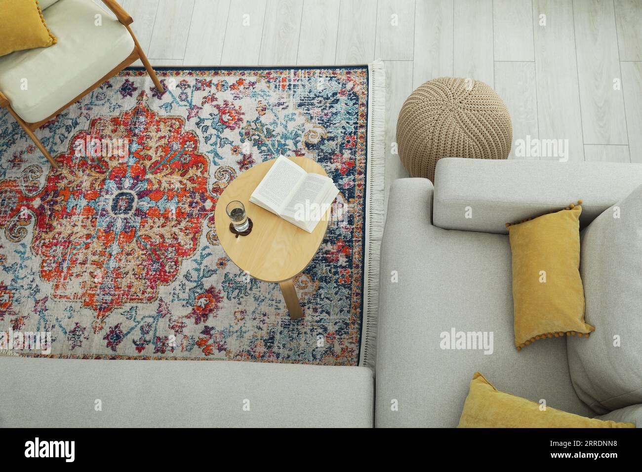 Stylish living room with beautiful carpet and furniture, top view