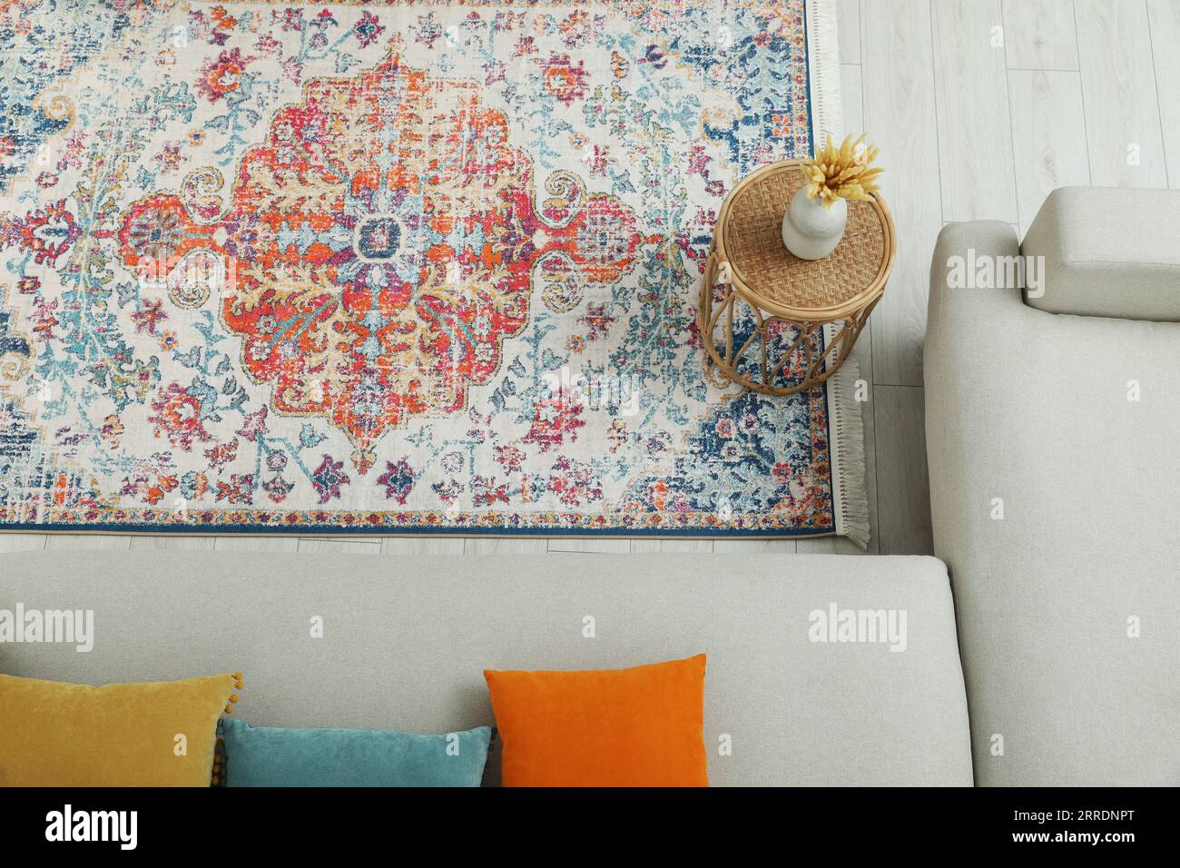 Stylish living room with beautiful carpet and furniture, top view