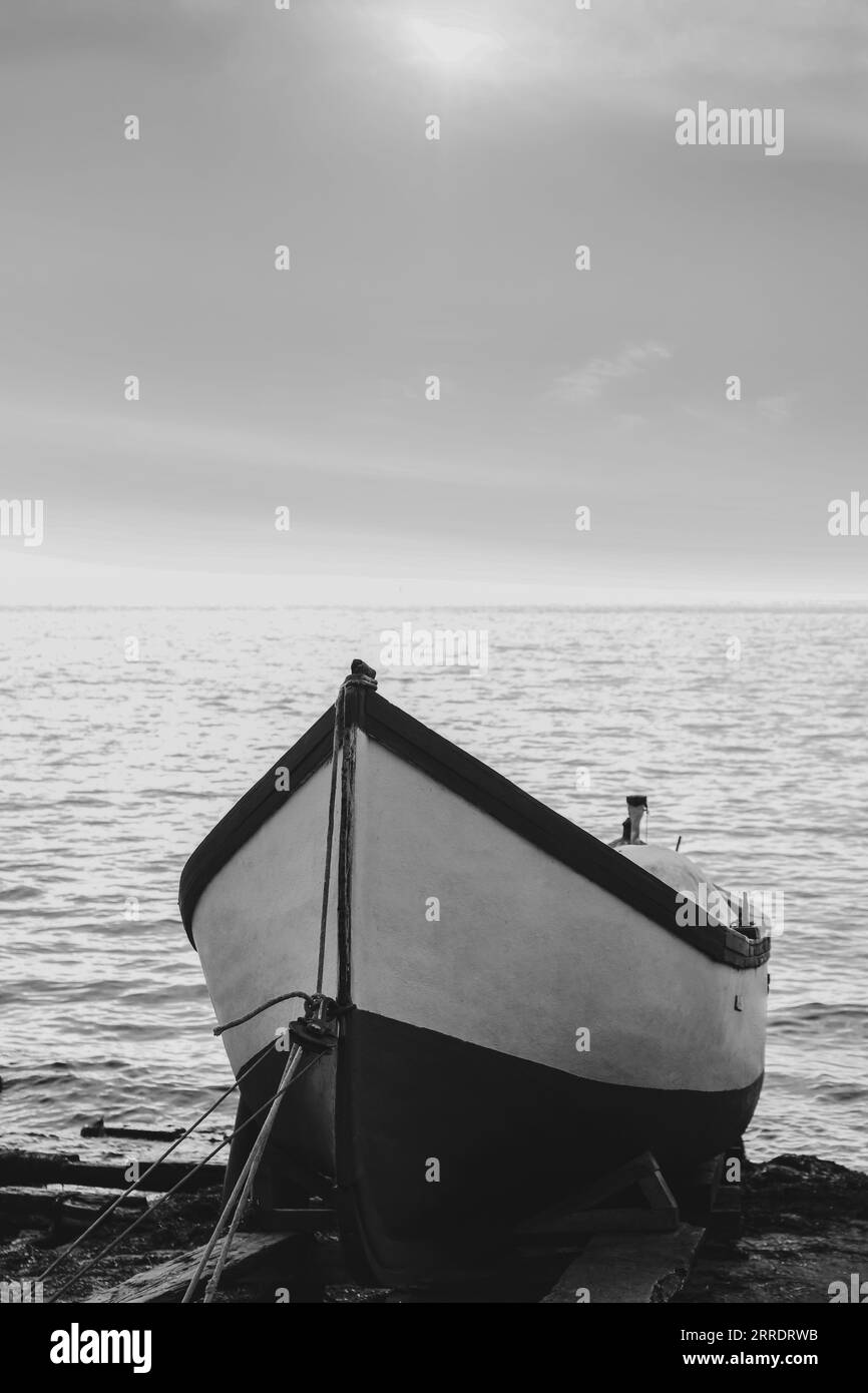 Moored boat on beach near sea outdoors. Black and white effect Stock ...