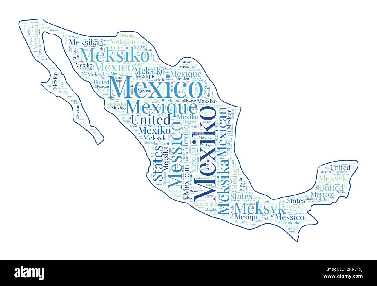 Mexico shape filled with country name in many languages. Mexico map in wordcloud style