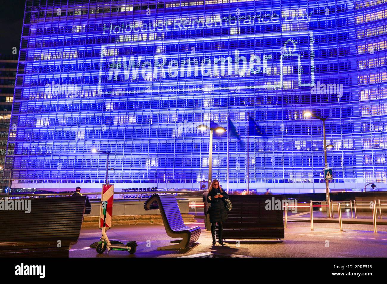 220127 -- BRUSSELS, Jan. 27, 2022 -- The building of European Commission is illuminated as part of the International Holocaust Remembrance Day activities in Brussels, Belgium, Jan. 27, 2022. International Holocaust Remembrance Day is a global memorial day on Jan. 27 designated by the United Nations in 2005 to commemorate the genocide that occurred during World War II.  BELGIUM-BRUSSELS-INTERNATIONAL HOLOCAUST REMEMBRANCE DAY-ILLUMINATION ZhengxHuansong PUBLICATIONxNOTxINxCHN Stock Photo