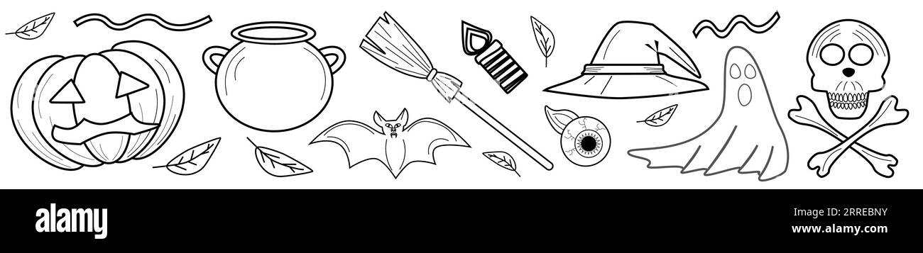 Happy Halloween, black and white set coloring book halloween symbols ...