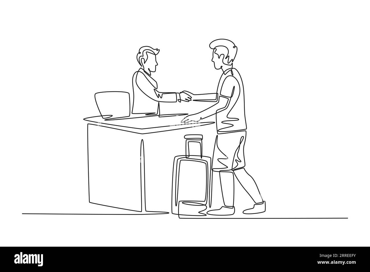 Single continuous line drawing young man tourist handshaking hotel receptionist and ask to book room while holding luggage. Travelling concept. Dynami Stock Photo
