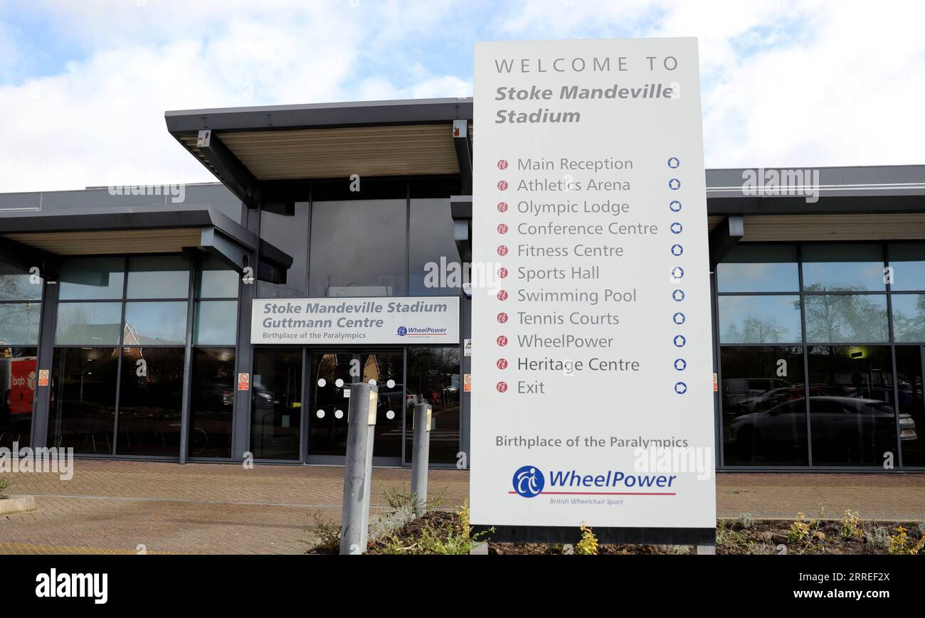 220225 -- STOCK MANDEVILLE, Feb. 25, 2022 -- Photo taken on Feb. 24, 2022 shows the entrance of Stock Mandeville Stadium in Stoke Mandeville, Britain. TO GO WITH Feature: An ongoing journey starts from Stoke Mandeville  SPBRITAIN-STOCK MANDEVILLE-PARALYMPIC GAMES-BIRTHPLACE LixYing PUBLICATIONxNOTxINxCHN Stock Photo