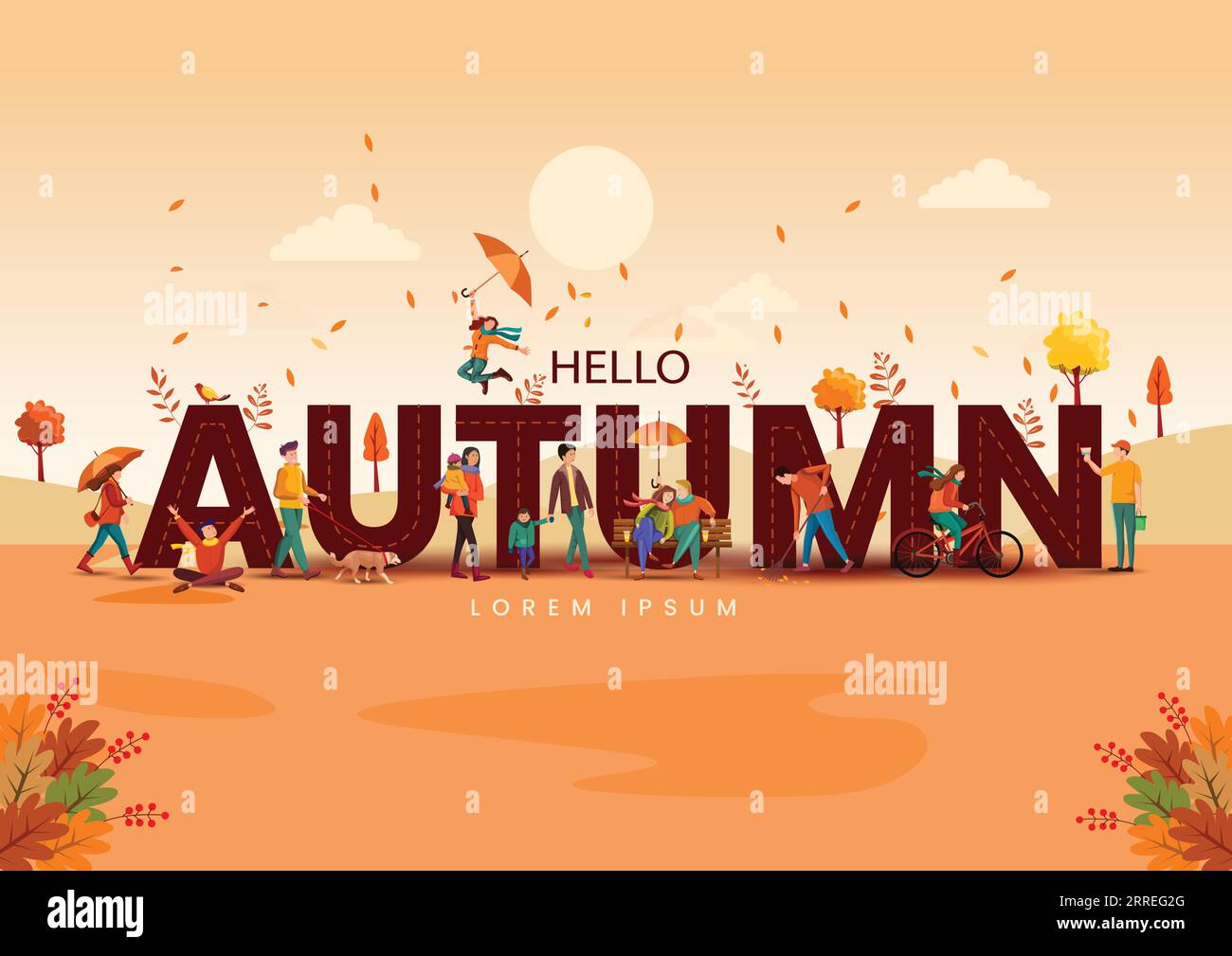 Vector illustration of horizontal banner of hello autumn landscape cartoon characters and maple trees fallen with dark brown background. Stock Vector