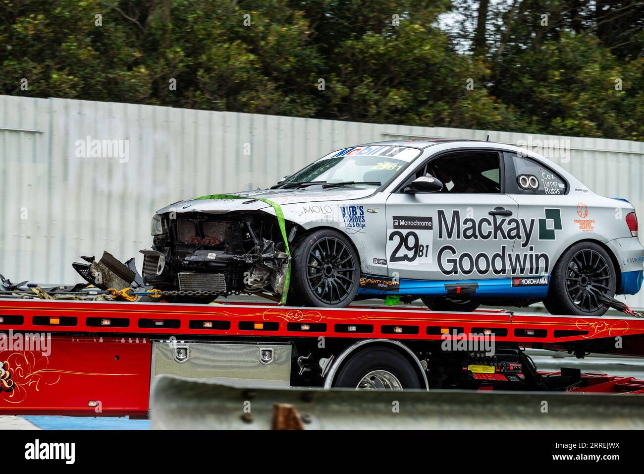 Sandown Park, Australia. 8 September, 2023. The day comes to an end for Scott Turner after suffering a heavy crash at T5 during the opening session of the Mobil 1 Australian Prduction Cars & Monochrome GT4 category at Sandown International Motor Raceway. Credit: James Forrester/Alamy Live News Stock Photo